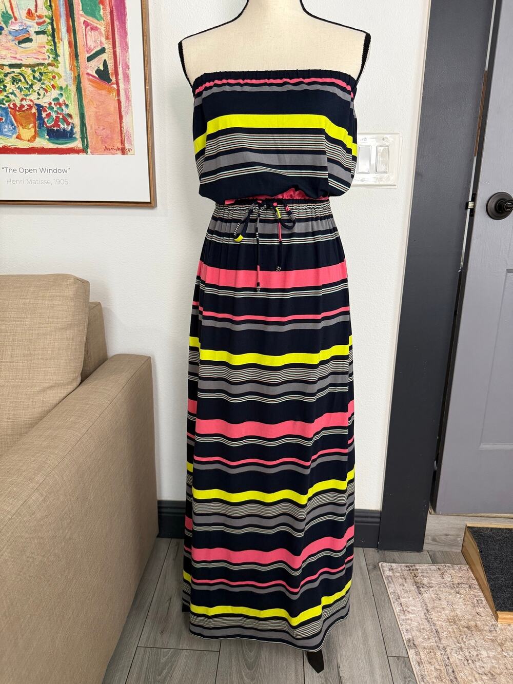 Ann Taylor Strapless Maxi Dress M Multicolor Striped Drawstring NWT